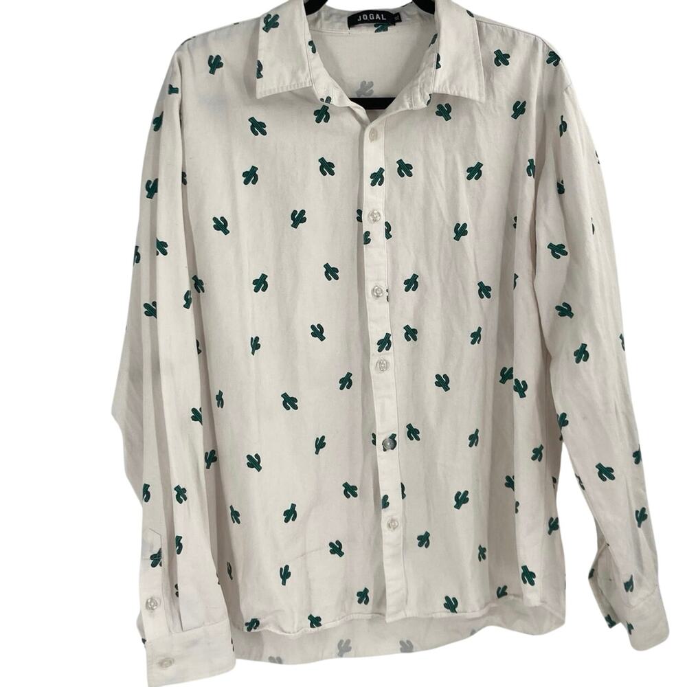 Jogal Cactus Print White Green Button Up Shirt Long Sleeve Men XL Western Rodeo